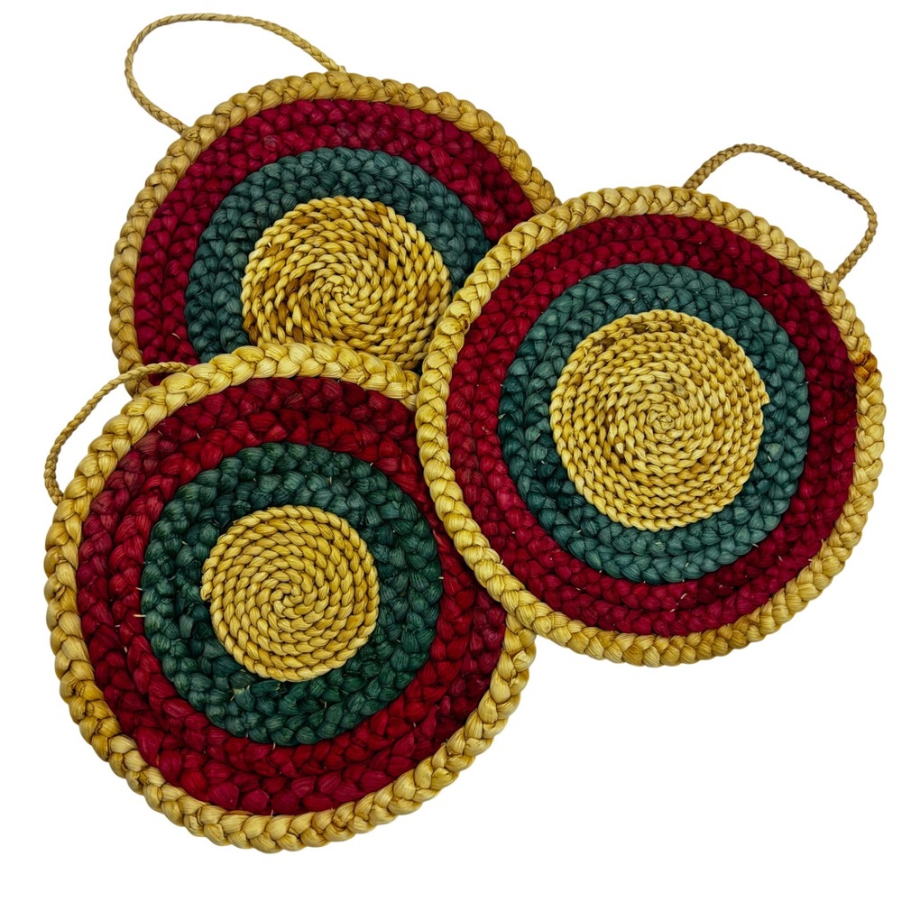 Vtg Braided Straw Boho Trivets‎ Set of 3 Red Green Yellow Round Hot Pads 7 Inch